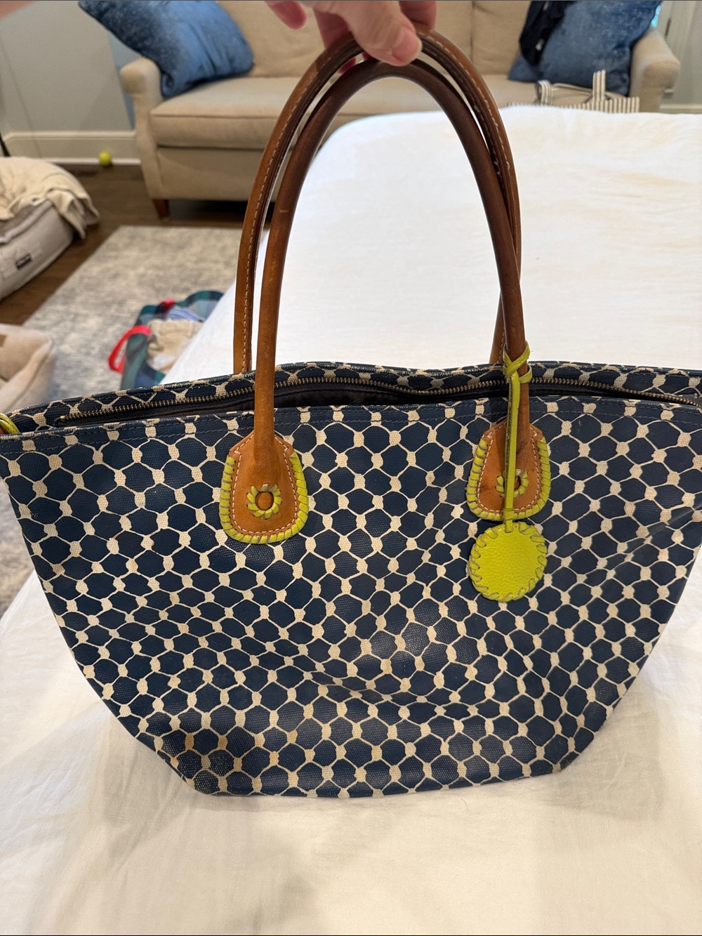 Jack Rogers Navy Patterned Tote with Lime Trim